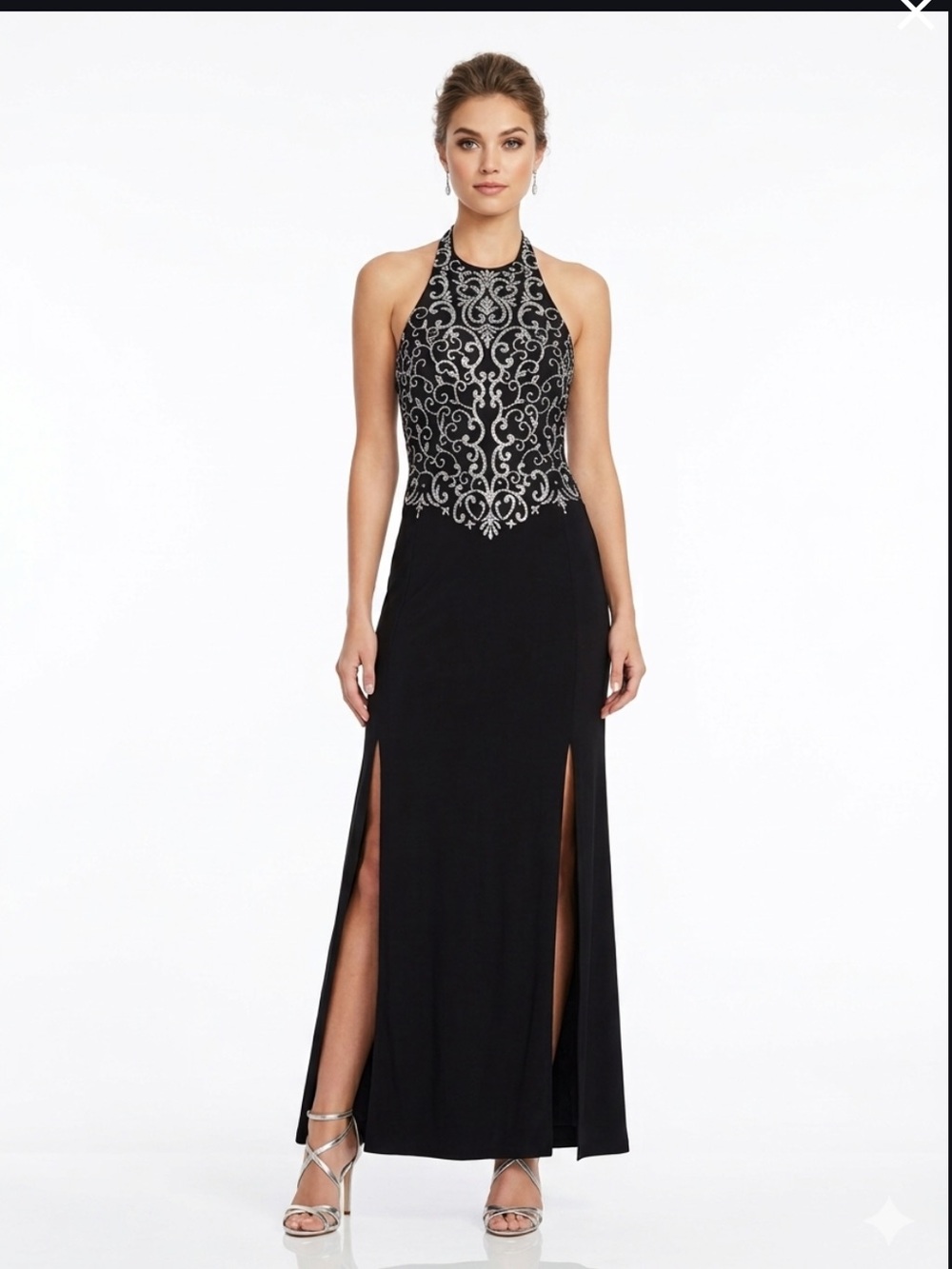 Vintage Y2K Tease Me Black Halter Maxi Dress Size M Double Side Slits Prom Gown